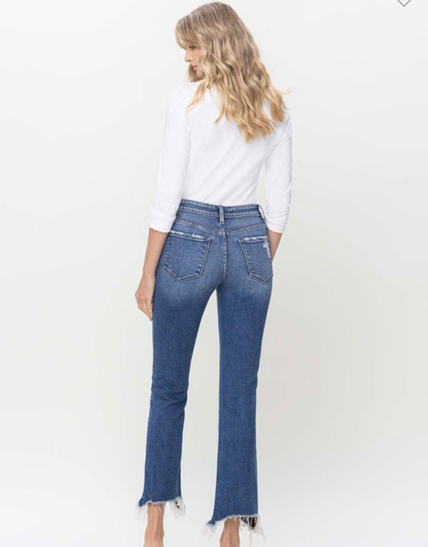 Mid Rise Distressed Hem Ankle Bootcut Jeans