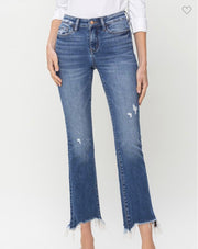 Mid Rise Distressed Hem Ankle Bootcut Jeans