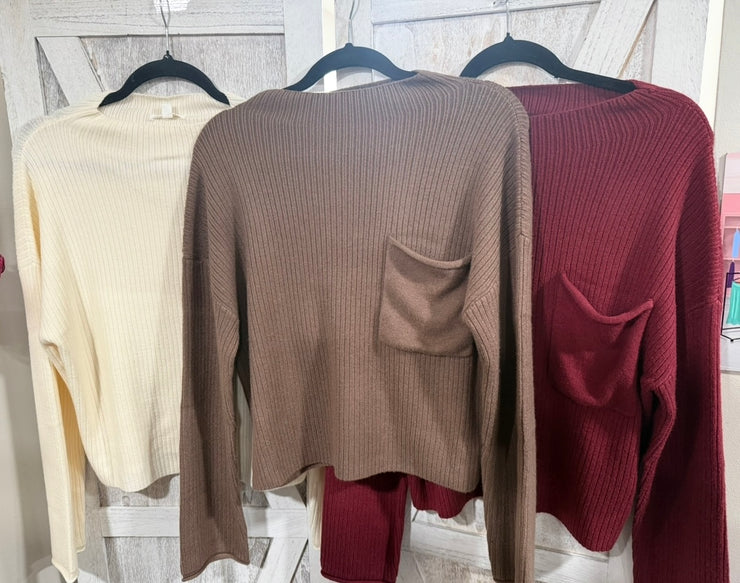Ribbed Super Soft Mock Neck Pocket Sweater- Available in 3 Colors!