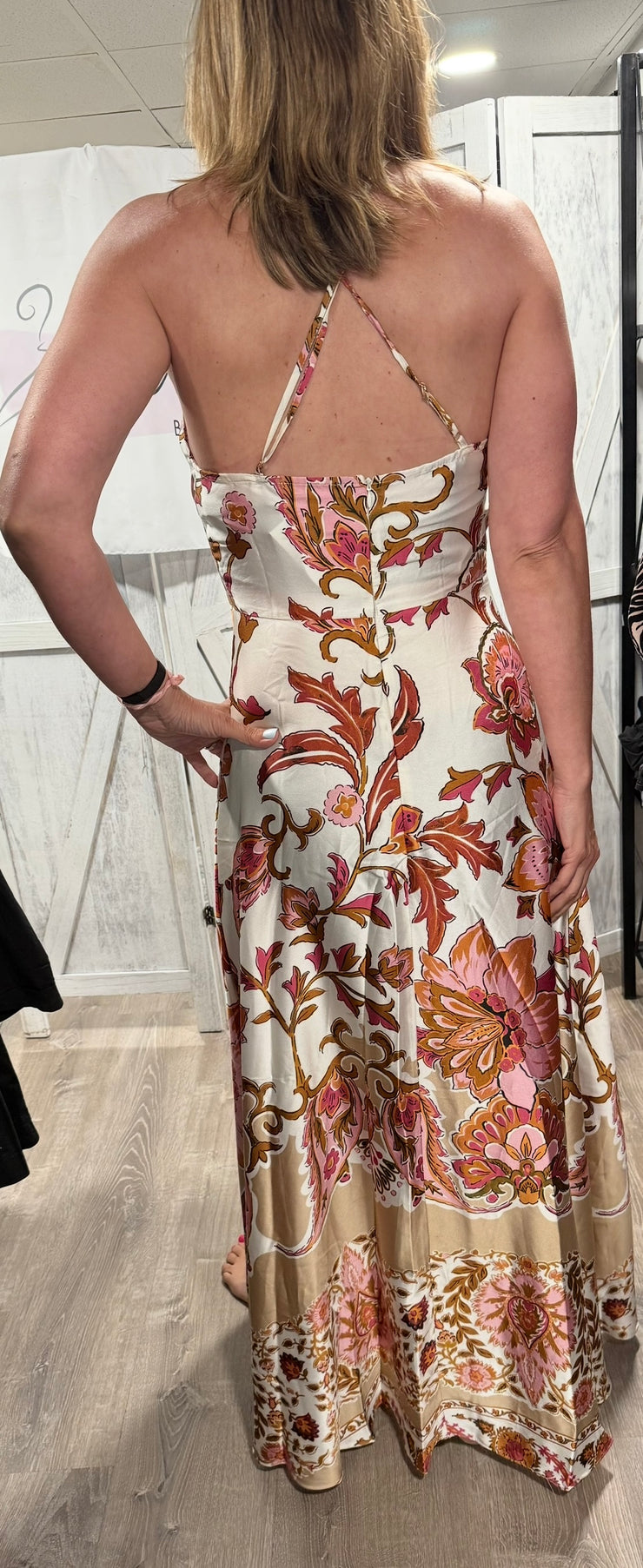 Beige-Pink Print Adjustable Strap Halter Maxi Dress