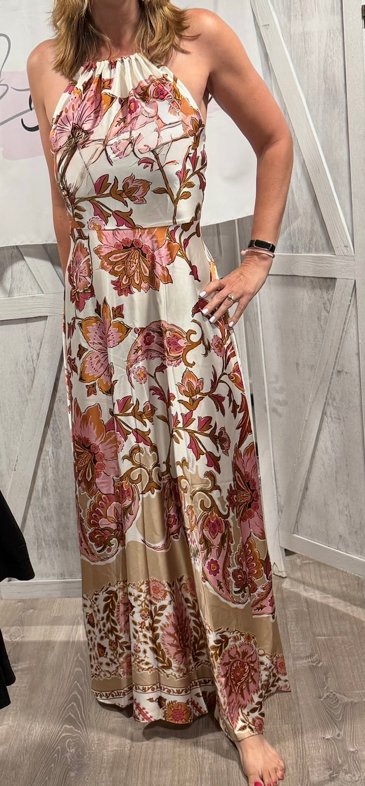 Beige-Pink Print Adjustable Strap Halter Maxi Dress