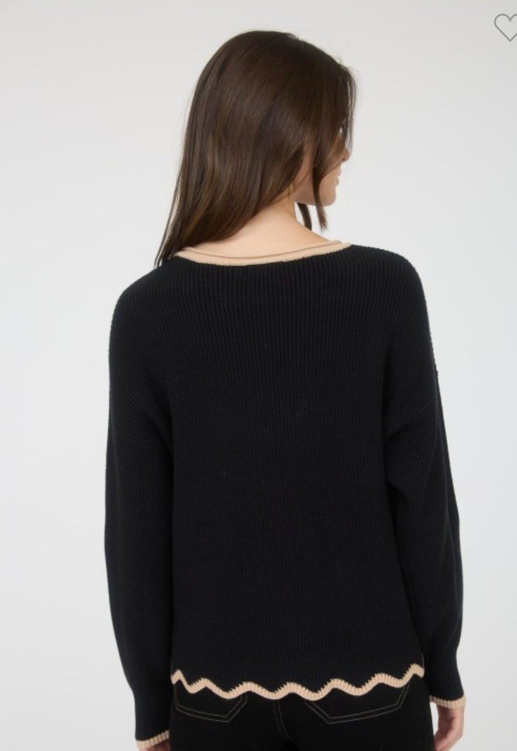Black Contrast Scallop Trim Sweater
