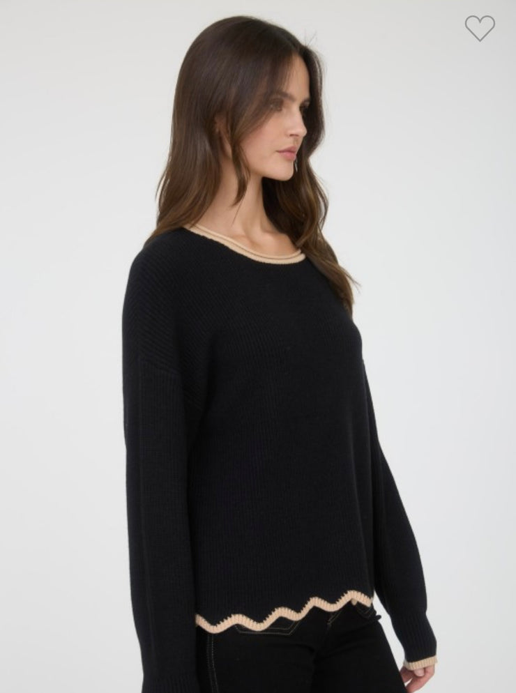 Black Contrast Scallop Trim Sweater