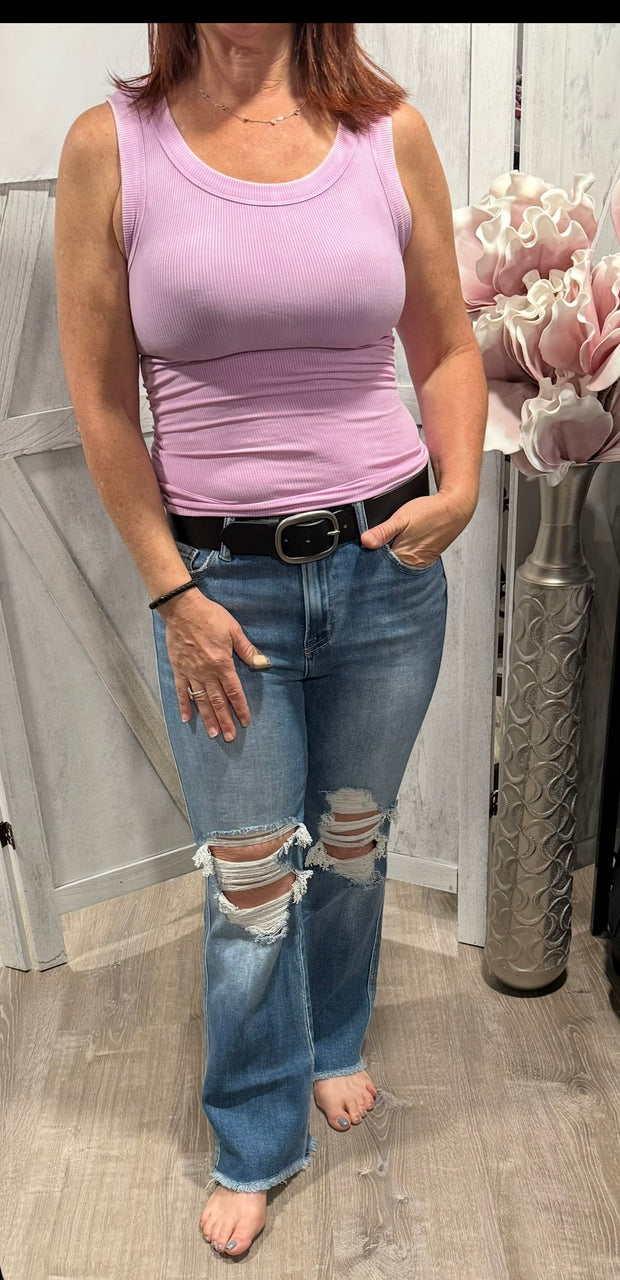 Washed Ribbed Scoop Neck Tank - Available in Mauve, Dusty Teal & Dark Green
