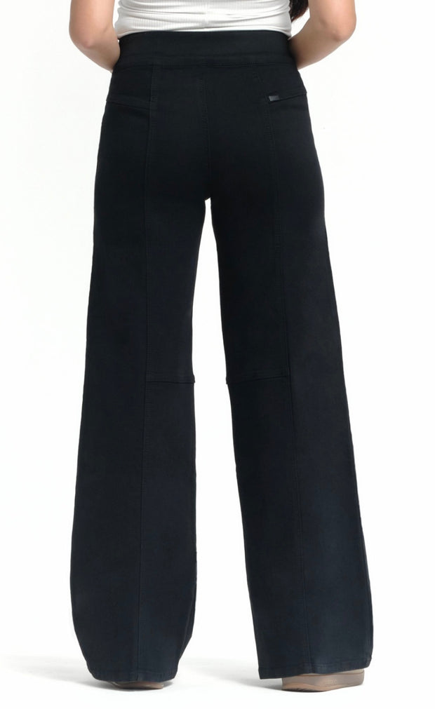 32" Black Pull on Silk Wide Leg Jeans with Front Seam & Elastic Waistband-Also Available in Petite 29"