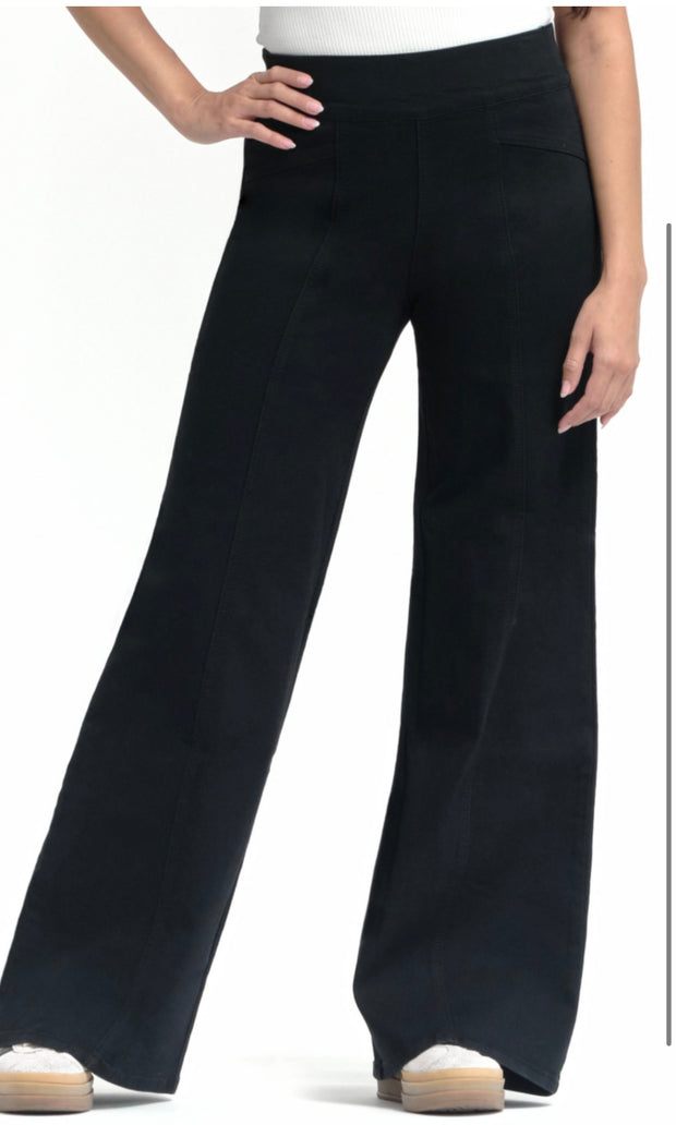 32" Black Pull on Silk Wide Leg Jeans with Front Seam & Elastic Waistband-Also Available in Petite 29"