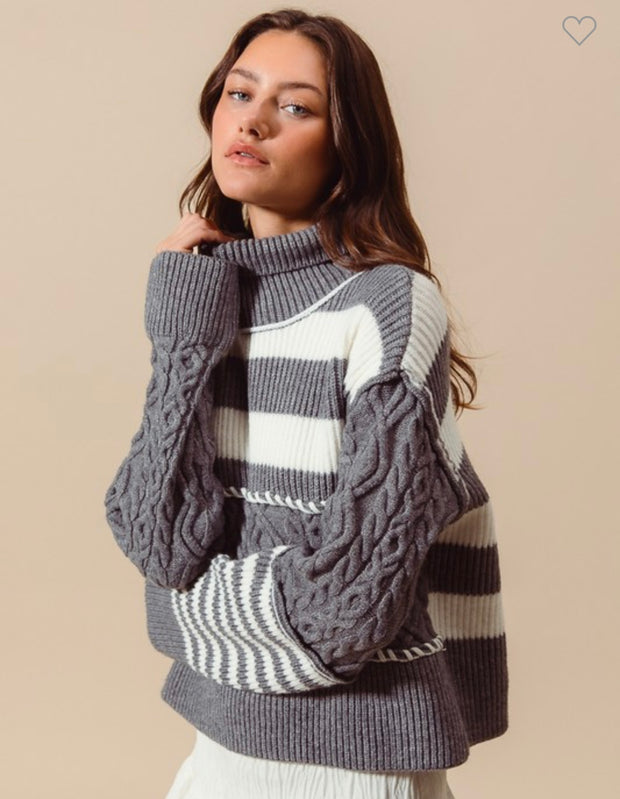 Charcoal/Ivory Multi Stripe Cable Knit Sweater With Stitch Detail