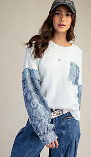 Light Blue Bandana Pattern Print Thermal Knit Pullover