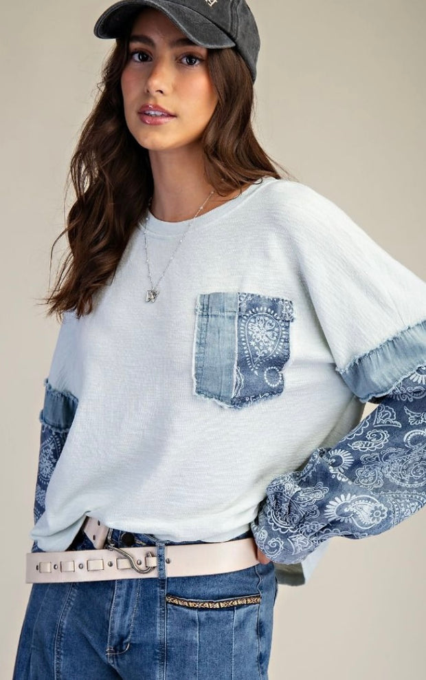 Light Blue Bandana Pattern Print Thermal Knit Pullover