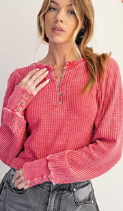 Boho Red Mineral Washed Thermal Henley Top