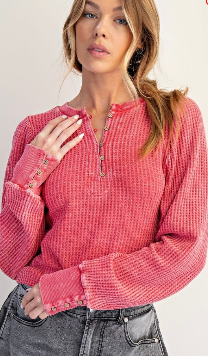 Boho Red Mineral Washed Thermal Henley Top