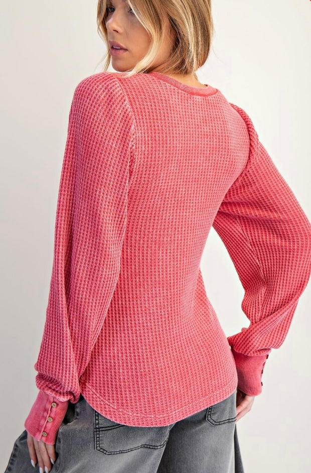 Boho Red Mineral Washed Thermal Henley Top