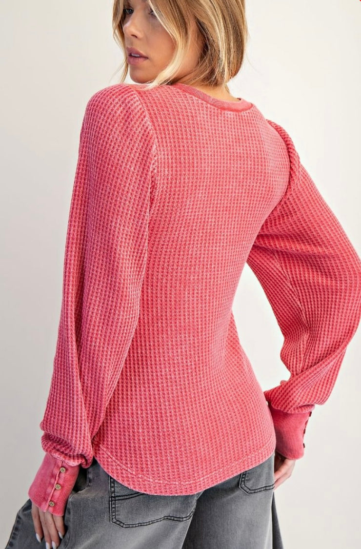 Boho Red Mineral Washed Thermal Henley Top