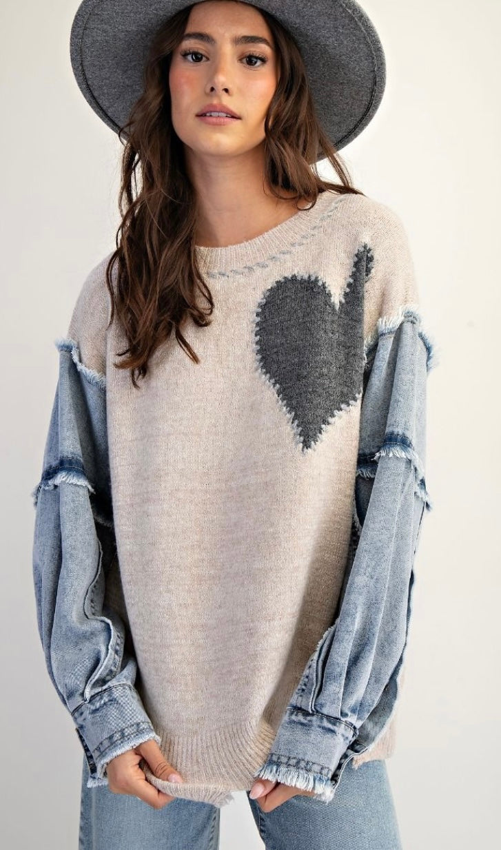 Oversized Oatmeal Heart Patch Front Knitted Sweater