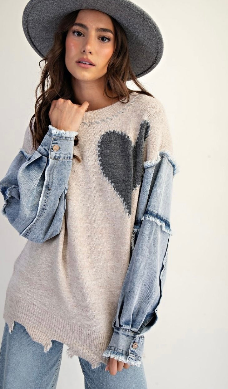 Oversized Oatmeal Heart Patch Front Knitted Sweater