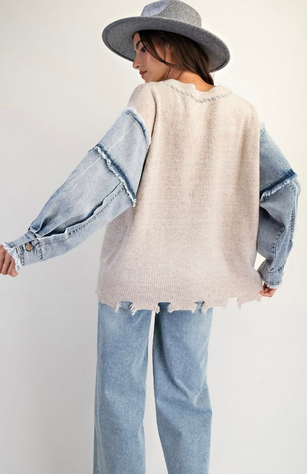 Oversized Oatmeal Heart Patch Front Knitted Sweater