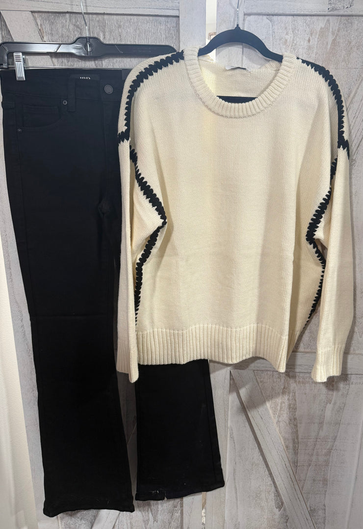 Cream Contrast Stitch Crew Neck Sweater