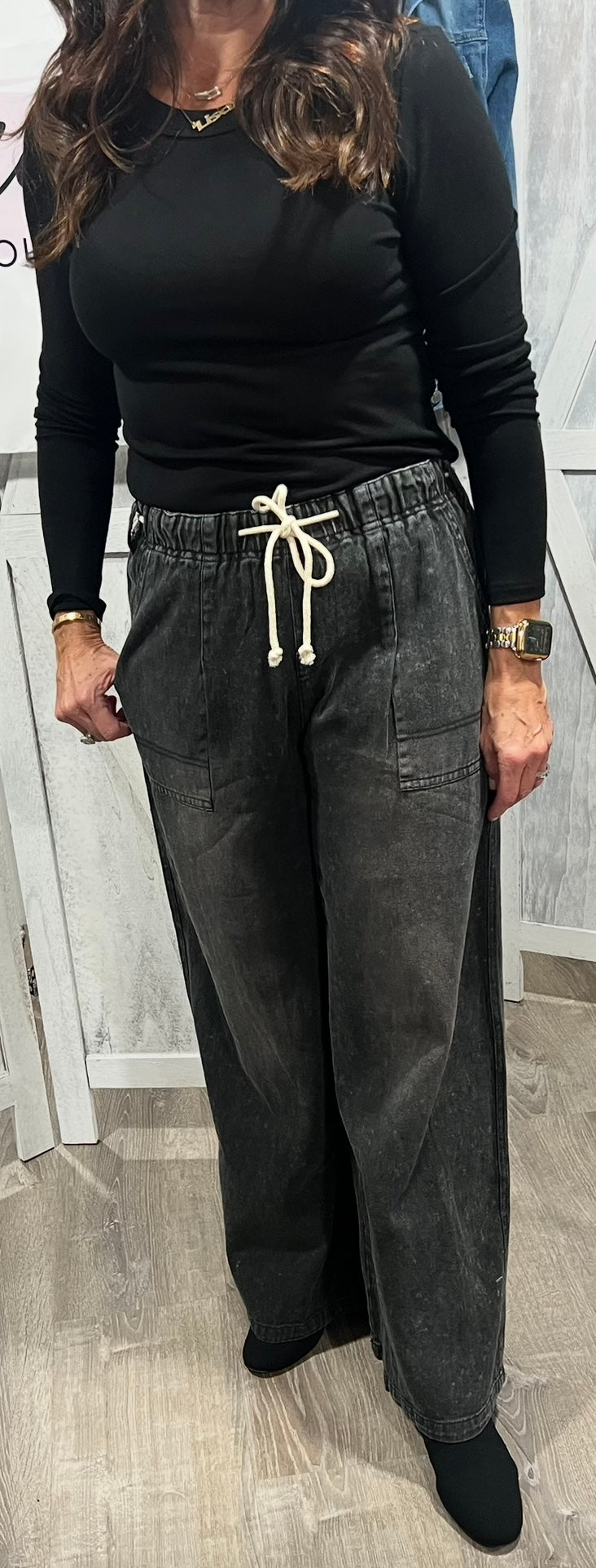 Black Washed Wide Leg Denim Pants- Available in Ecru  & Olive Too!