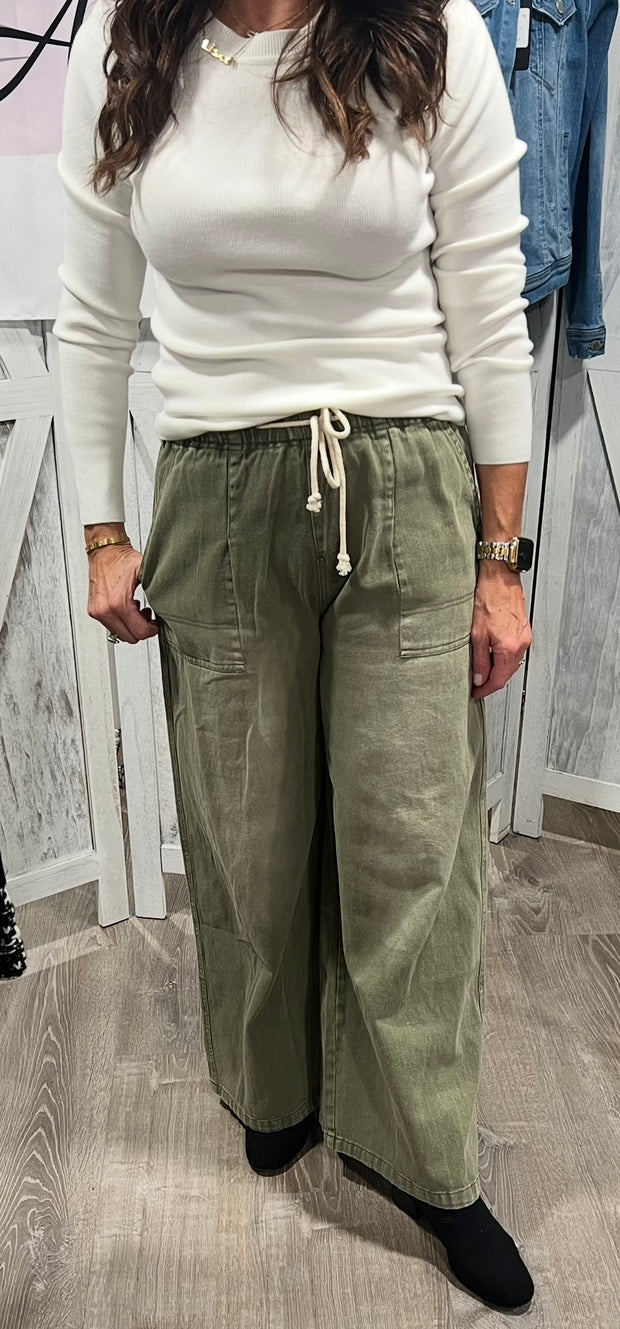 Olive Wide Leg Denim Pants- Available in Ecru  & Black Too!