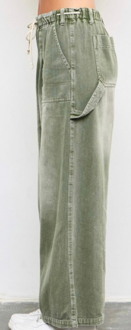 Olive Wide Leg Denim Pants- Available in Ecru  & Black Too!