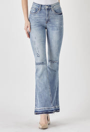 Mid Rise Distressed Shadow Hem Flare Jeans