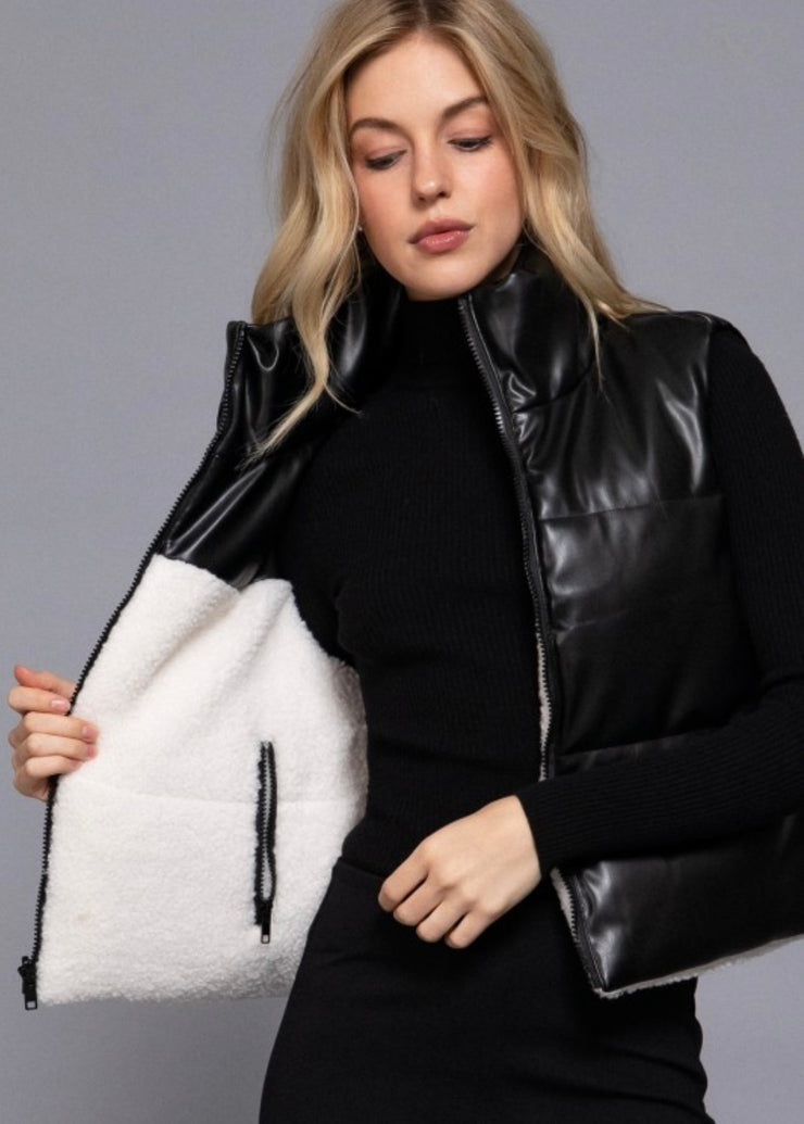Reversible Faux Leather Sherpa Crop Vest- 2 Colors