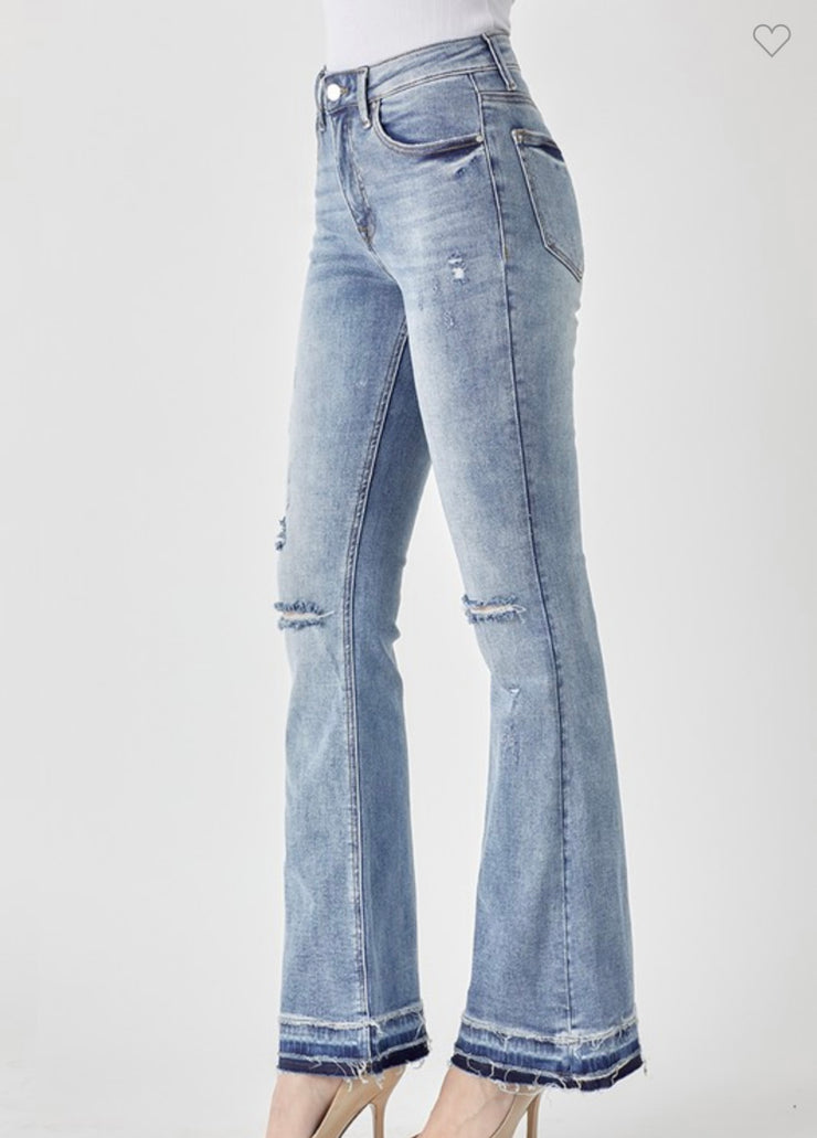 Mid Rise Distressed Shadow Hem Flare Jeans