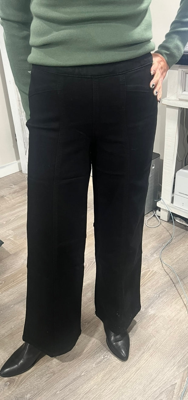 Petite (29") Black Pull on Silk Wide Leg Jeans with Front Seam & Elastic Waistband-Also Available in 32"