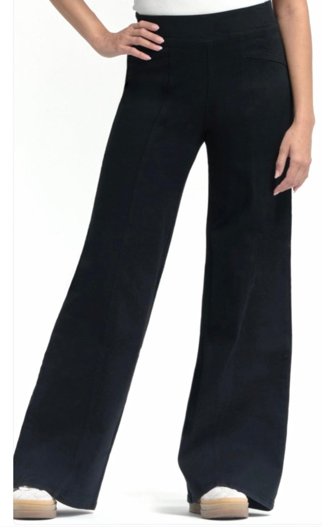 Petite (29") Black Pull on Silk Wide Leg Jeans with Front Seam & Elastic Waistband-Also Available in 32"