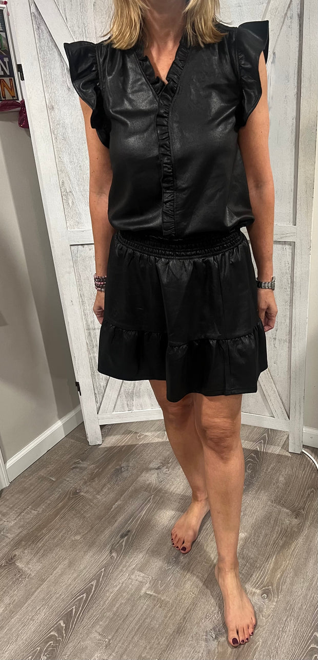 Black Suede Feel Pleather Front Ruffle Top- Matching Skirt Available