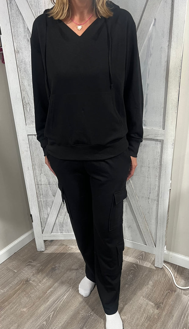 Black Soft Cloud Cargo Pocket Pant With Matching Hoodie Sweatshirt Loungewear Set