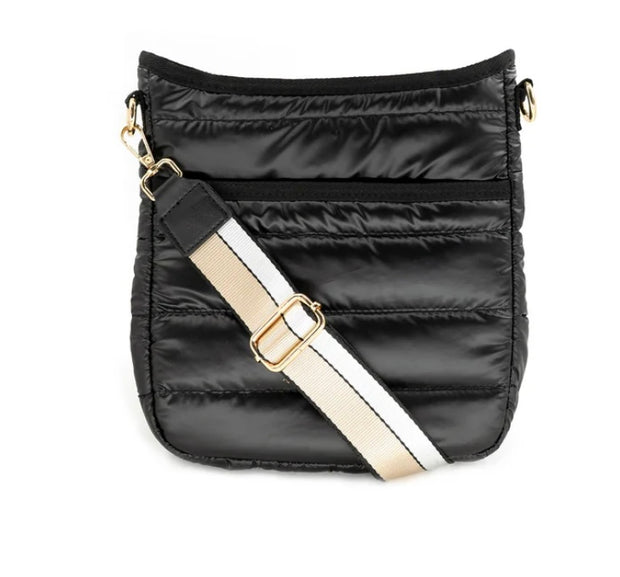 Patent Puff Crossbody With Stripe Strap- Available in Black & Pewter