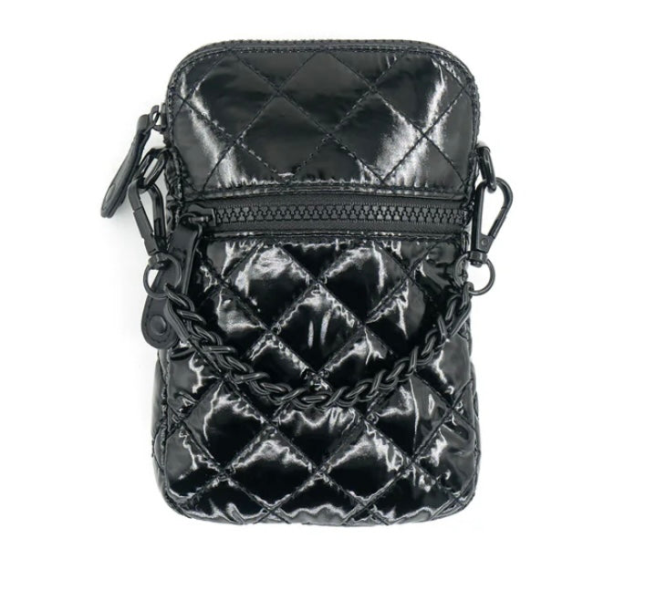 Black Quilted Patent Cell Phone Bag- Available in Black Patent, Black & Pewter