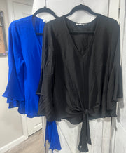 Tie Front Bell Sleeve Top- Available in Black or Blue