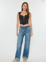 Mid Waist Med Wash Baggy Wide Cuffed Hem Jeans