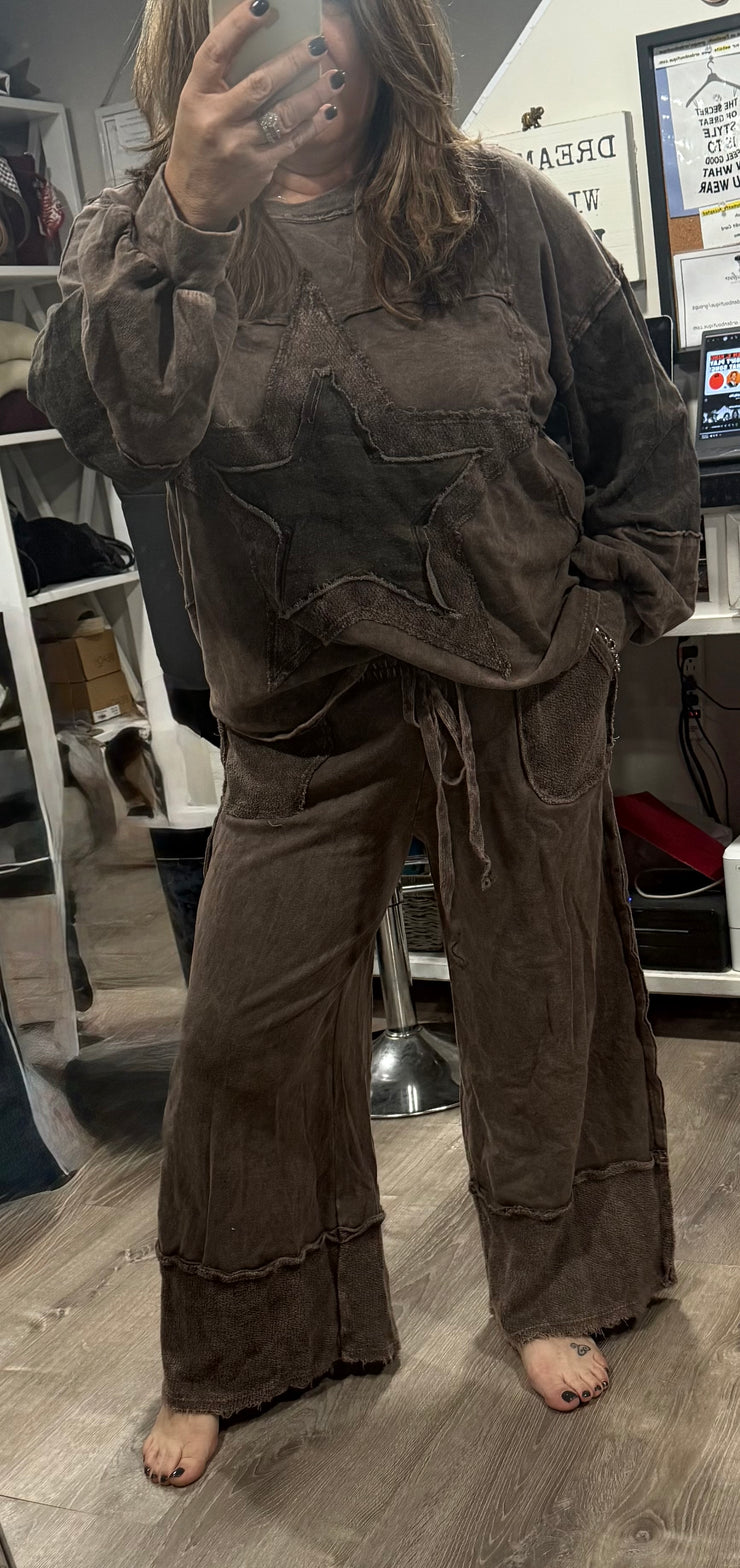 Ash Oak Mineral Wash Camo Star Terry Sweatshirt Top With Matching Wide Leg Pant- Also in Olive