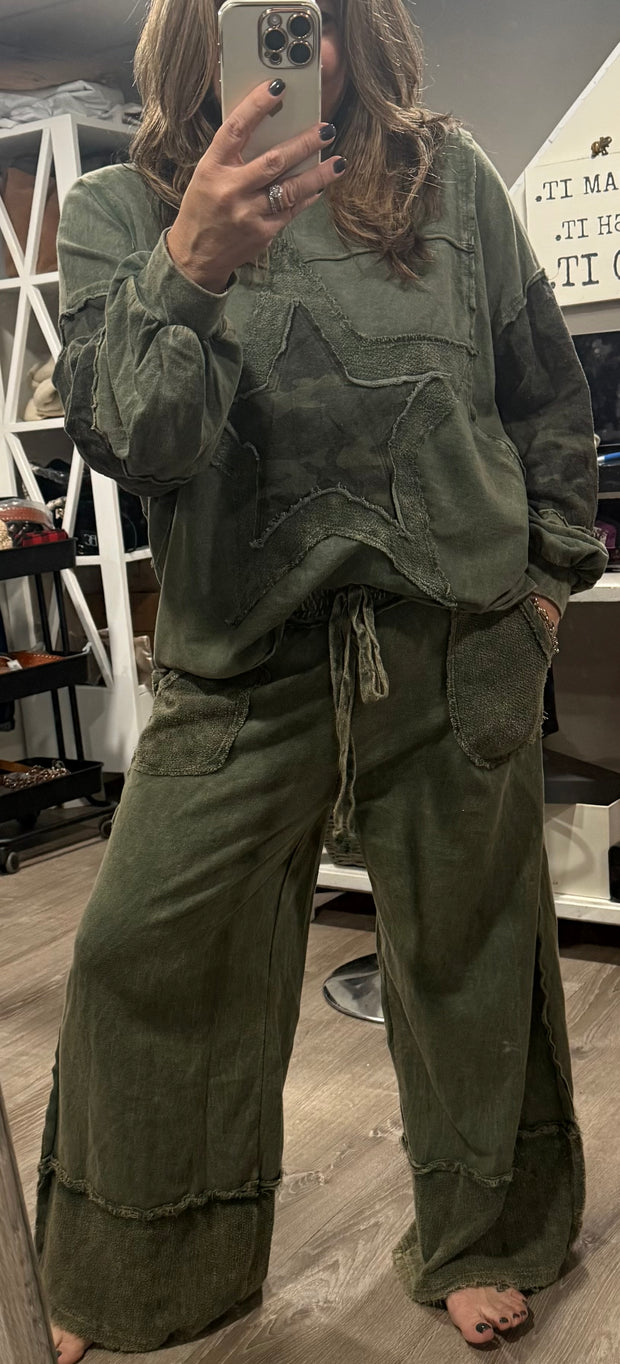 Olive Mineral Wash Camo Star Terry Sweatshirt Top & Matching Wide Leg Pants SET- Also in Ash Oak