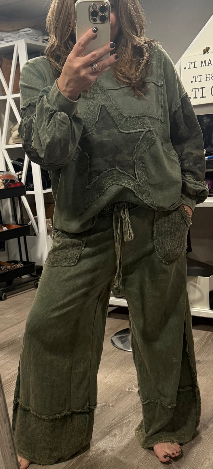 Olive Mineral Wash Camo Star Terry Sweatshirt Top & Matching Wide Leg Pants SET- Also in Ash Oak