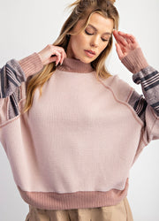 Dusty Rose Stripe Mix Thermal Mineral Washed Knit Pullover