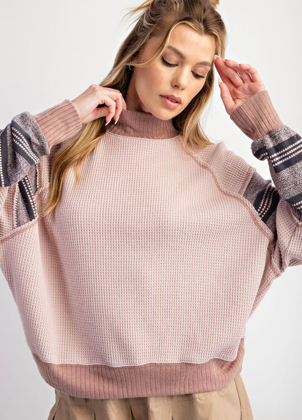 Dusty Rose Stripe Mix Thermal Mineral Washed Knit Pullover