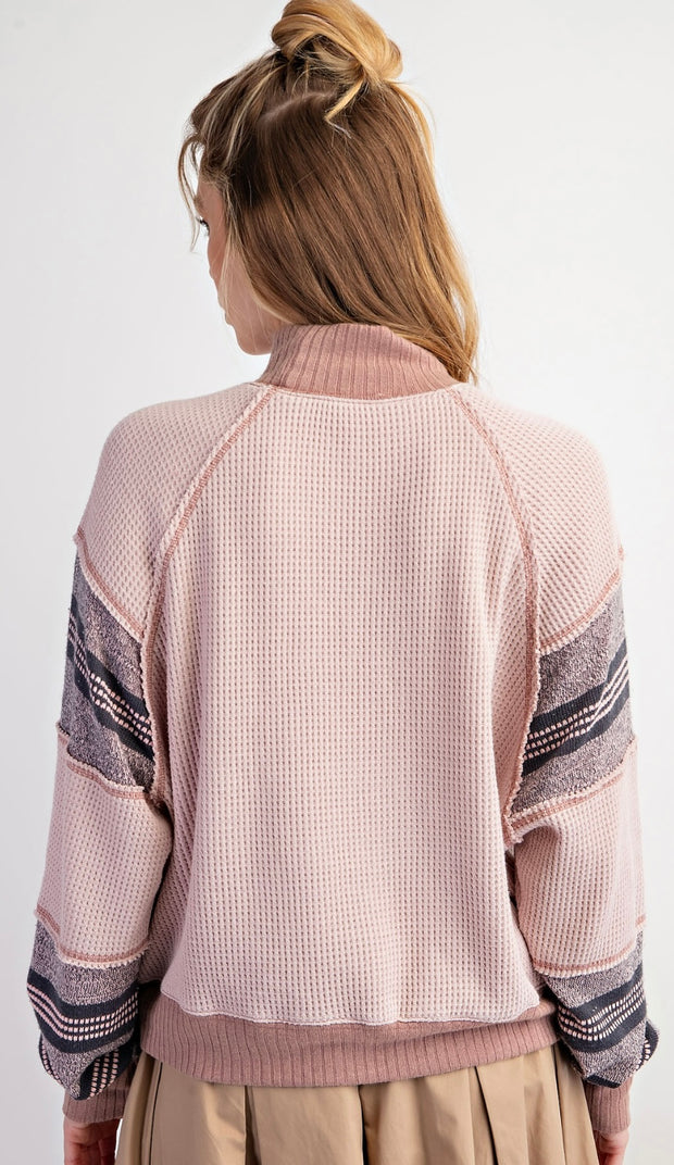 Dusty Rose Stripe Mix Thermal Mineral Washed Knit Pullover