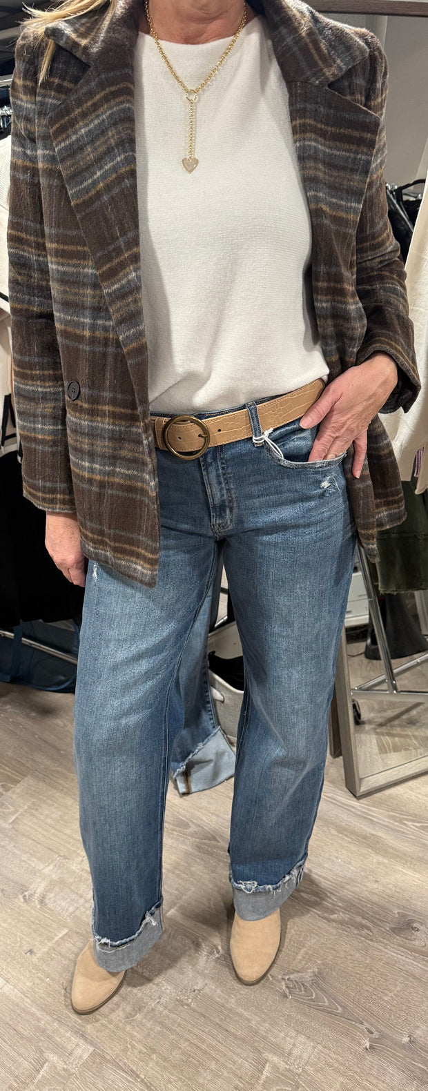 Mid Waist Med Wash Baggy Wide Cuffed Hem Jeans