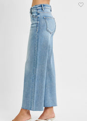Light Mid Rise Crop Wide Raw Cut Hem Jeans