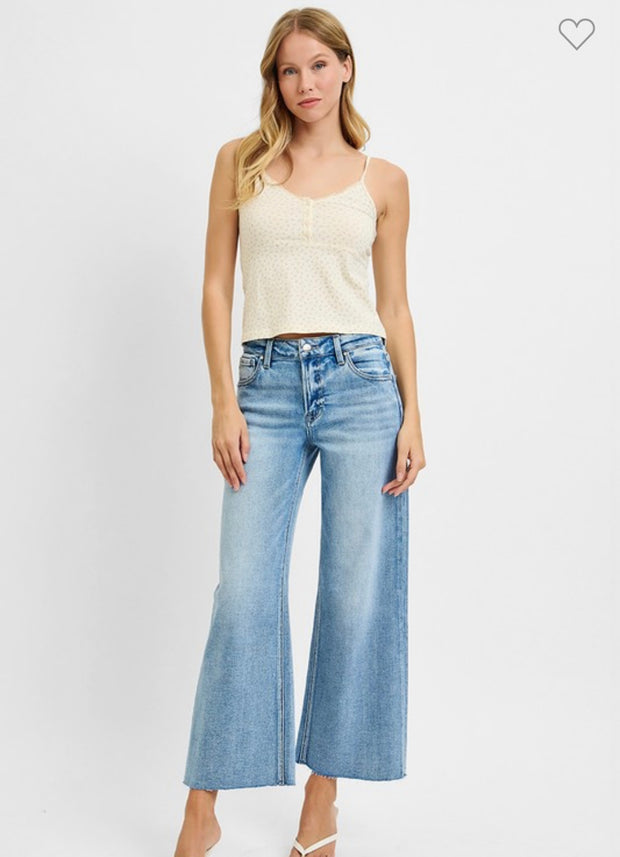 Light Mid Rise Crop Wide Raw Cut Hem Jeans