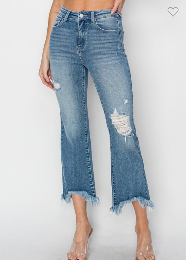 Med Wash Crop Flare Fray Hem Jeans