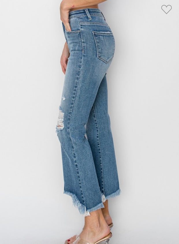 Med Wash Crop Flare Fray Hem Jeans