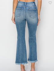 Med Wash Crop Flare Fray Hem Jeans