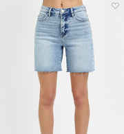 Tummy Control High Rise Mid Length Raw Cut Hem Shorts