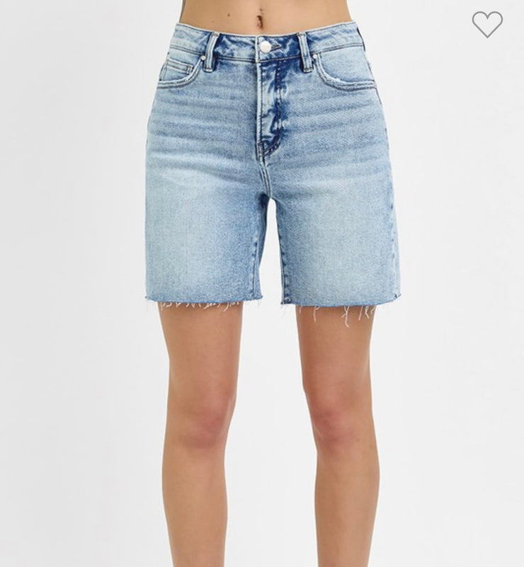 Tummy Control High Rise Mid Length Raw Cut Hem Shorts