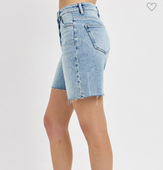 Tummy Control High Rise Mid Length Raw Cut Hem Shorts